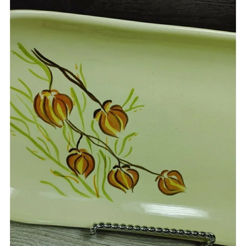 Red Wing Hand Painted Yellow Floral Dinnerware Curved Platter Stamp Rolling Tray